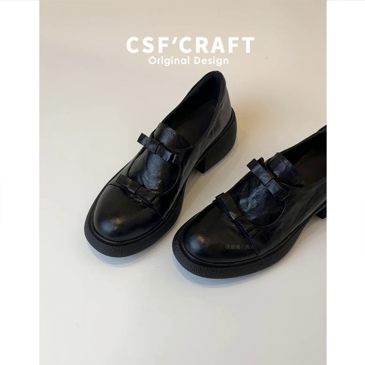 牛皮版~英伦风法式赫本百搭小皮鞋女高粗跟新款春秋冬蝴蝶结单鞋主图