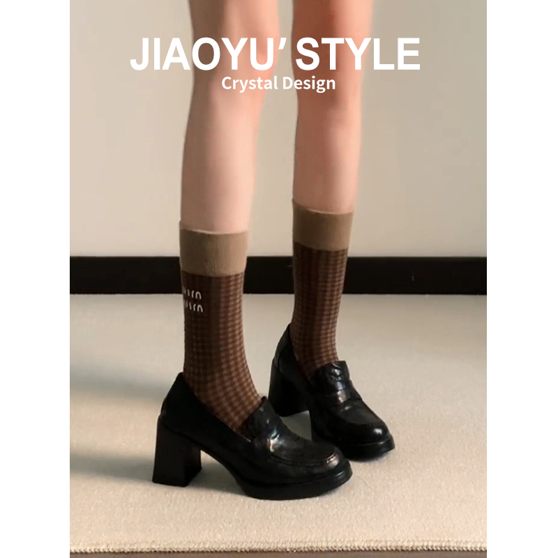 真皮~骄屿高跟乐福鞋百搭简约单鞋一脚蹬冬季加绒棉鞋通勤小皮鞋主图