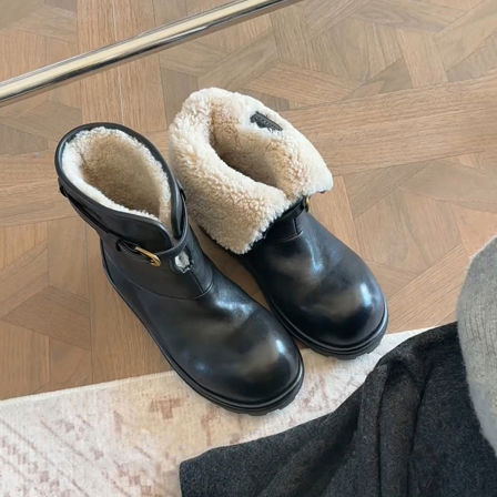 牛皮版~小众黑色高级感洋气时髦雪地靴女皮带扣厚底加绒个性棉靴