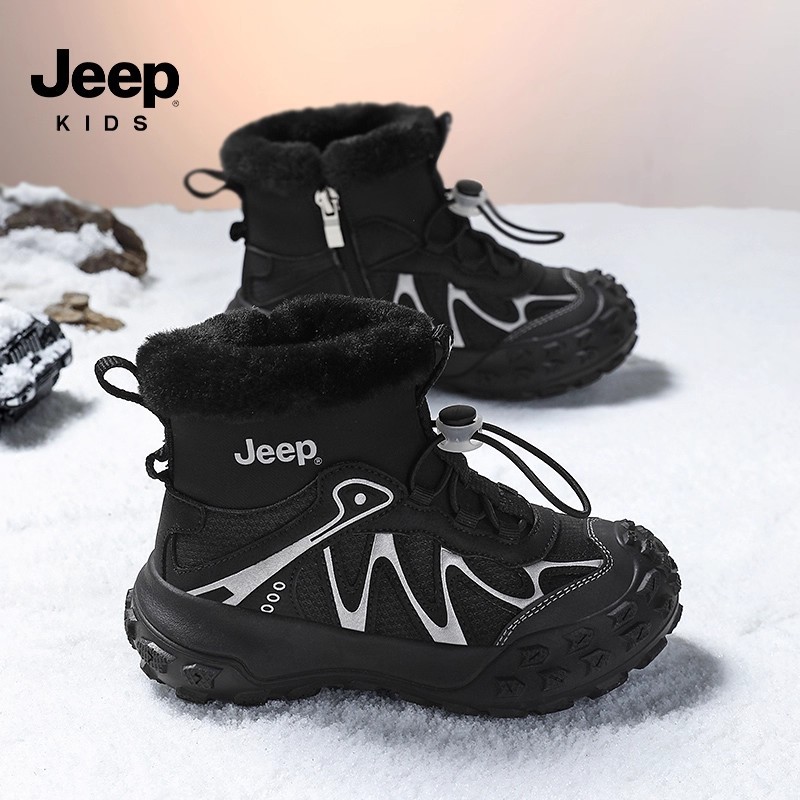 jeep儿童雪地靴2025冬季女童运动鞋皮面防水男童轻跑鞋加绒保暖鞋主图