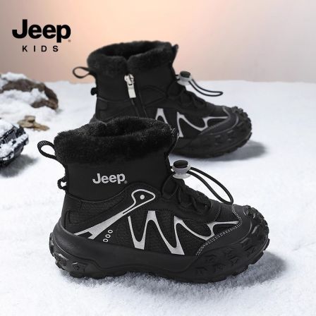 jeep儿童雪地靴2025冬季女童运动鞋皮面防水男童轻跑鞋加绒保暖鞋