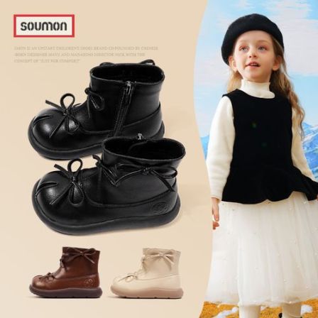 书萌儿童黑色皮靴女童公主靴蝴蝶结短靴女小童冬靴加绒保暖二棉靴