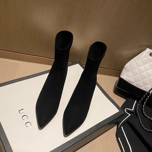 巨显瘦~尖头女人味绒面尖头瘦瘦靴细跟高跟短靴弹力靴后拉链女靴主图
