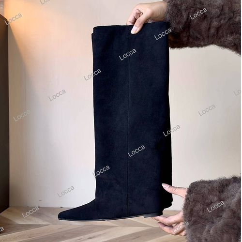 欧美风尖头褶皱坡跟时装靴2025年秋冬必备新款DX主图