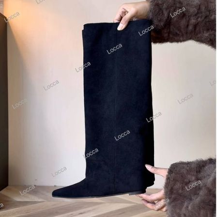 欧美风尖头褶皱坡跟时装靴2025年秋冬必备新款DX