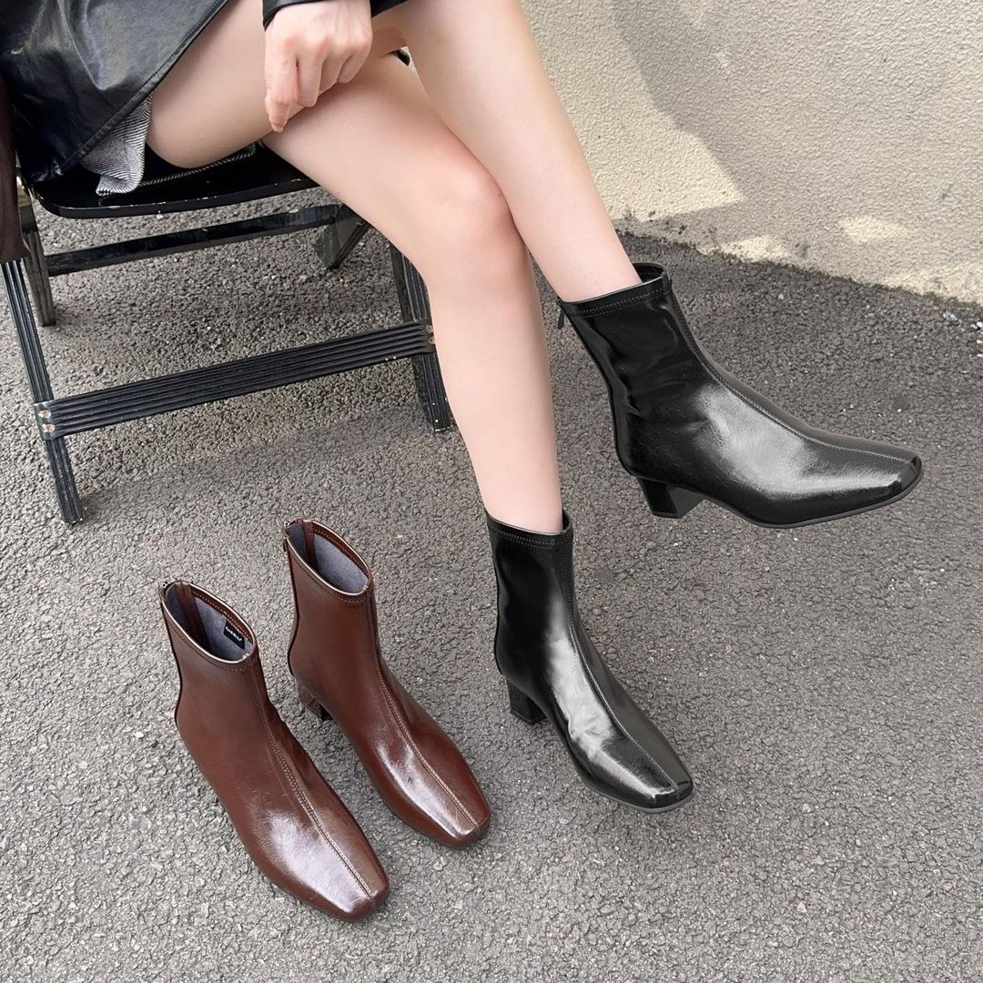 真皮法式复古方头瘦瘦靴女秋冬气质高跟小裸靴粗跟短靴子C7236-1主图