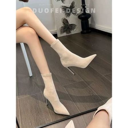 【大码41-42】高跟短靴女秋冬气质袜靴细跟尖头法式绒面弹力瘦瘦靴