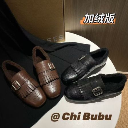 CHIBUBU【加绒布洛克】头层小牛皮雕花流苏单鞋复古平底英伦风皮鞋