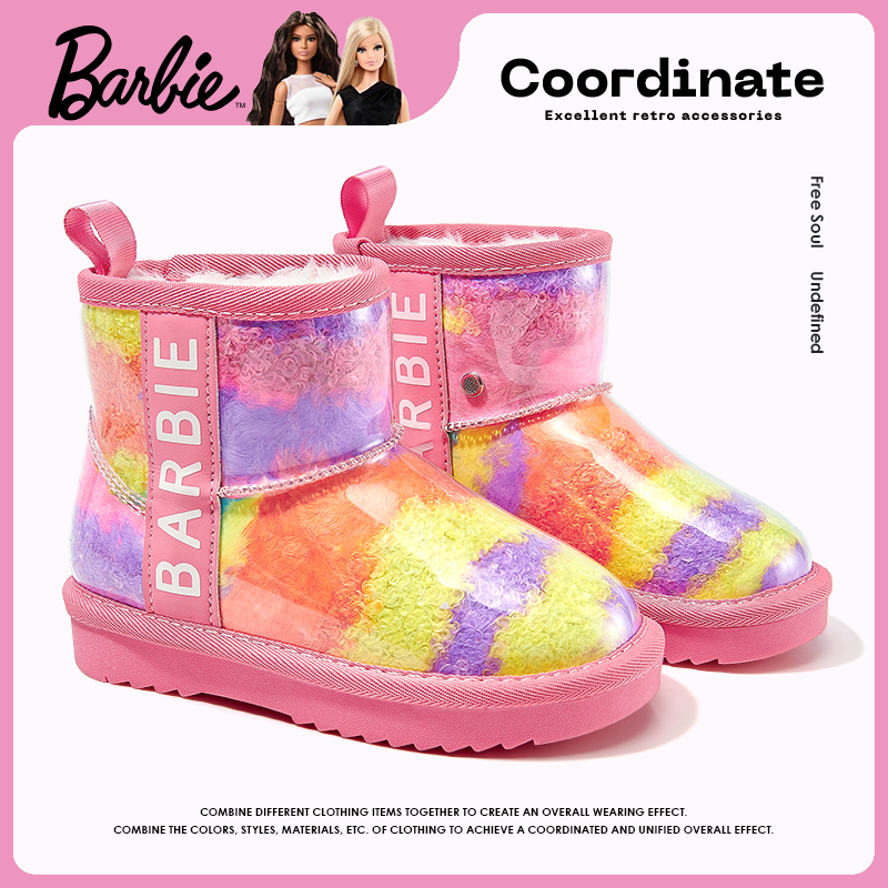 芭比童鞋女童靴子2025新款冬季公主加绒保暖防水大棉靴儿童雪地靴主图