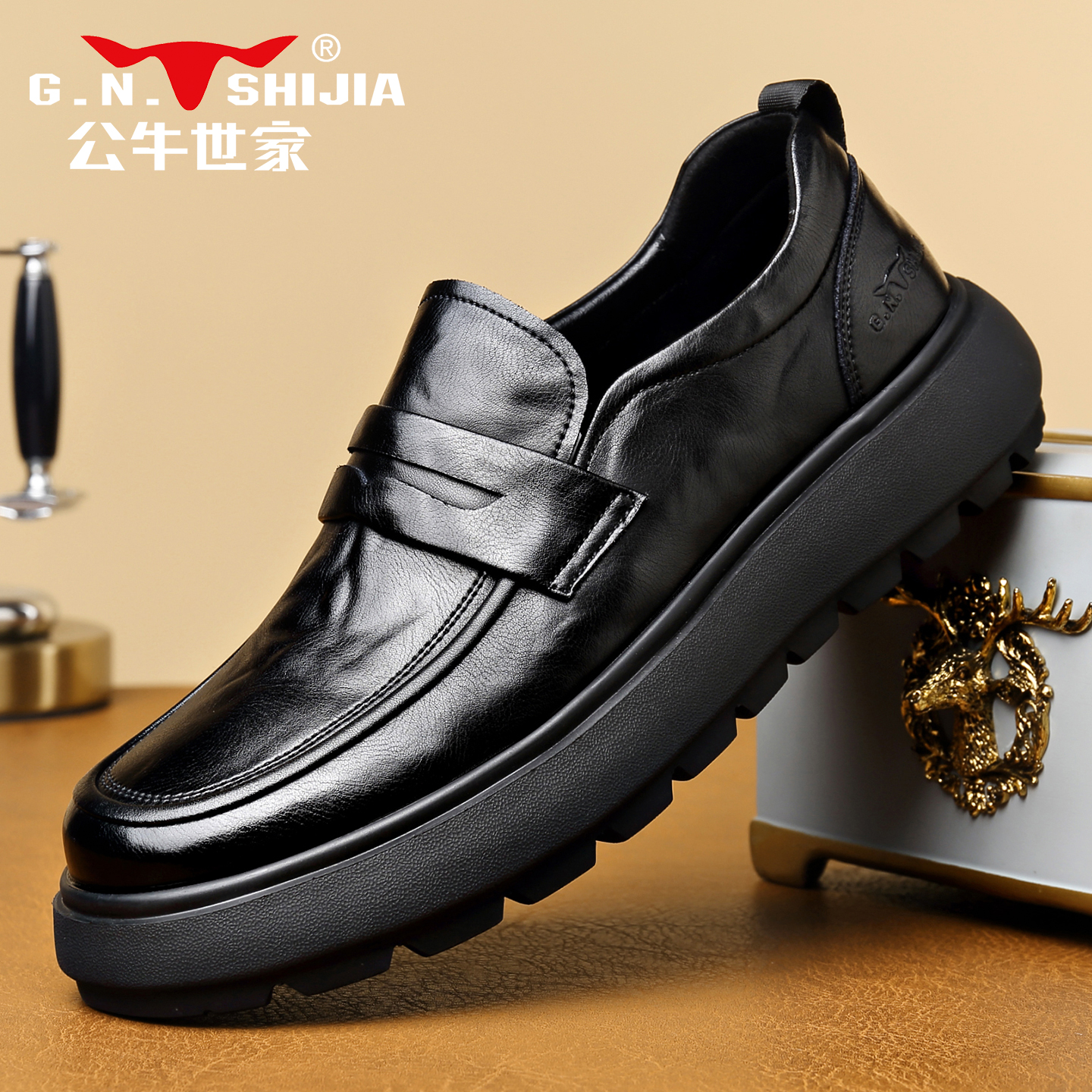 公牛世家男鞋冬季真皮一脚蹬乐福鞋男士商务休闲软底防滑增高皮鞋主图