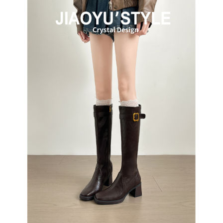 真皮~骄屿长筒靴女2025秋冬新款高筒辣妹风骑士靴加绒高跟瘦瘦靴