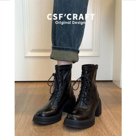 羊皮版~高跟马丁靴女2025秋冬新款通勤百搭小个子显瘦粗跟短靴子