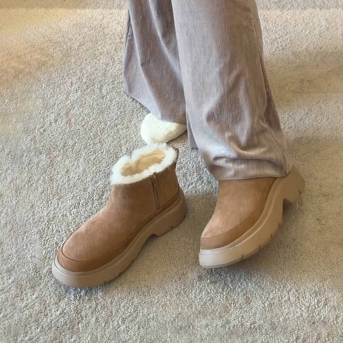 牛皮版~厚底加绒雪地靴一脚蹬毛毛靴女保暖侧拉链复古圆头小短靴主图