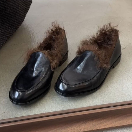 牛皮版~英伦风复古时尚休闲一脚蹬外穿深口单鞋女冬季显瘦乐福鞋