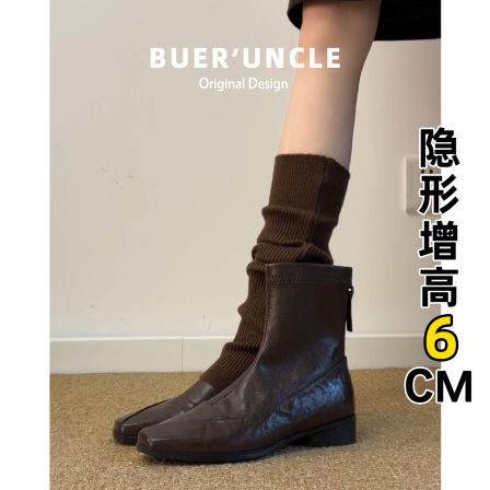 羊皮版！小个子内增高短靴女加绒冬季2025新款复古棕色瘦瘦马丁靴