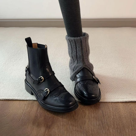 牛皮版~英伦复古时尚雕花显瘦切尔西靴女休闲时髦通勤短筒时装靴