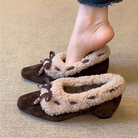 羊皮版~法式羊羔毛方头浅口单鞋女内增高绒面蝴蝶结加绒毛毛棉鞋