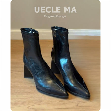 真皮气质尖头瘦瘦靴2025秋冬款高跟鞋粗跟巨好看马丁靴法式短靴女