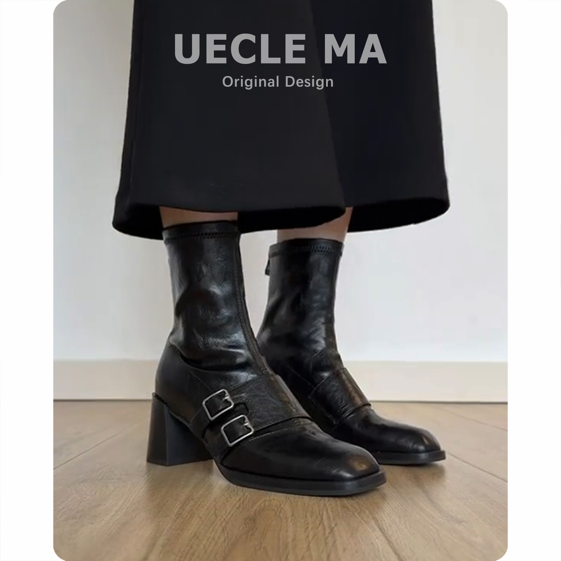 牛皮版~高跟短靴女2025新款马丁靴巨好看黑色靴子法式粗跟瘦瘦靴主图