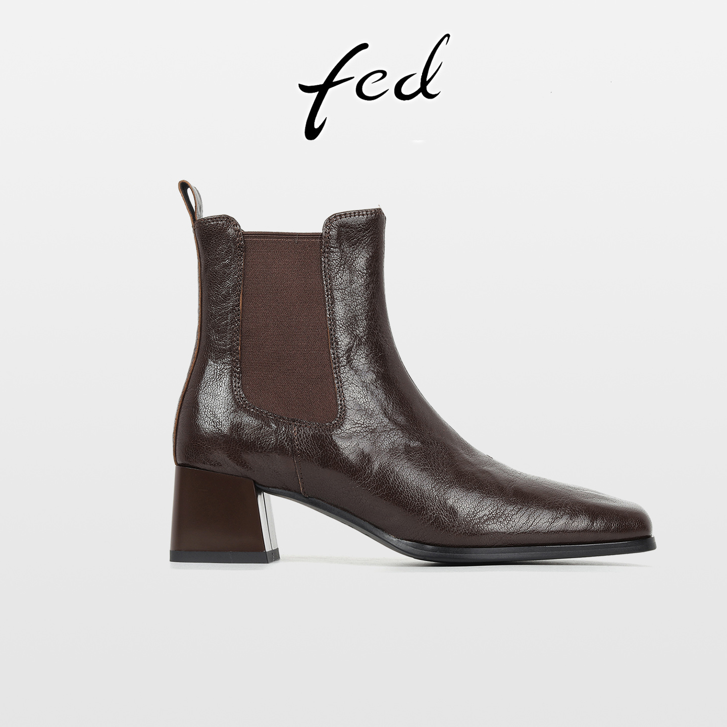 fed法式复古羊皮粗跟切尔西靴女秋冬新款气质方头高跟瘦瘦小短靴主图