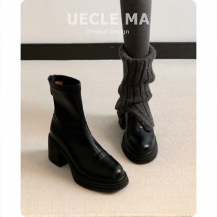 真皮高跟厚底短靴女2025秋冬新款瘦瘦靴粗跟黑色靴子小个子马丁靴