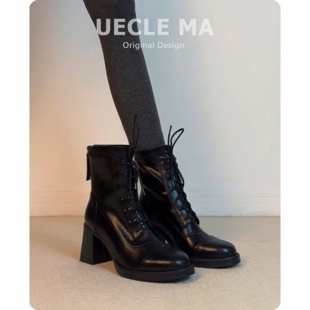 羊皮版~高跟短靴女2025秋冬新款真皮黑色瘦瘦靴粗跟小个子马丁靴