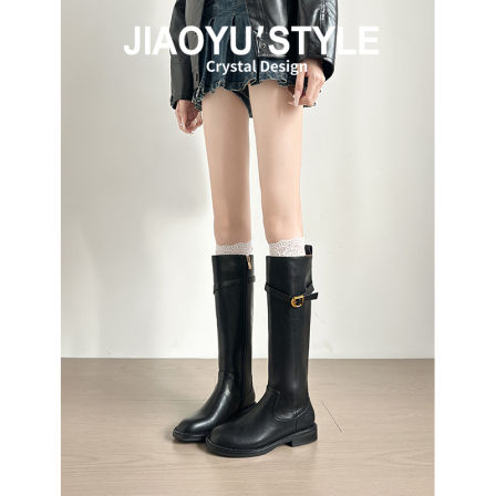 真皮~骄屿秋冬新款皮带扣长筒靴女通勤不过膝骑士靴低跟复古长靴