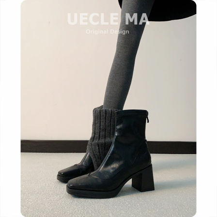 超软小羊皮~法式瘦瘦靴2025秋冬新款高跟鞋粗跟马丁靴气质短靴女