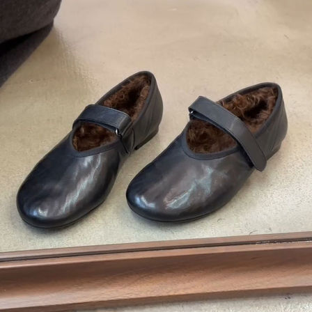 羊皮版~法式芭蕾风平底玛丽珍鞋女浅口圆头简约魔术贴加绒小单鞋