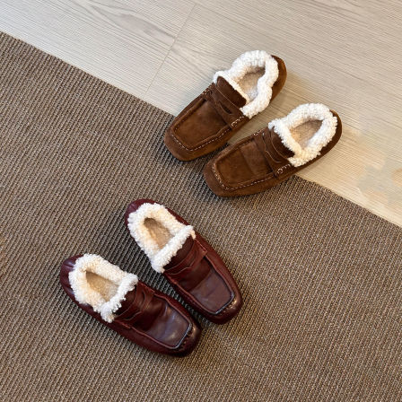 羊皮版~英伦风真皮复古时尚舒适保暖乐福鞋女一脚蹬外穿毛毛棉鞋