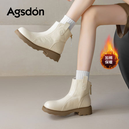 奥古狮登加绒米色短靴女2025新款冬季厚底保暖马丁靴切尔西瘦瘦靴