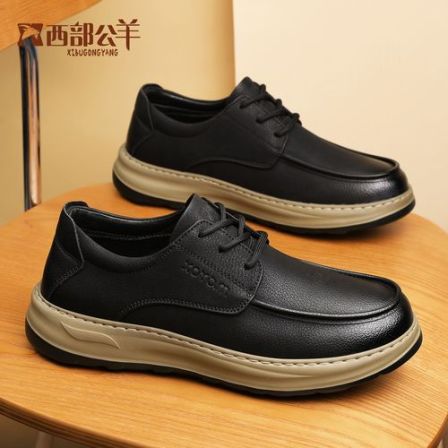 西部公羊牛皮男鞋加绒休闲鞋商务秋冬新款耐磨防滑软底缝线真皮鞋