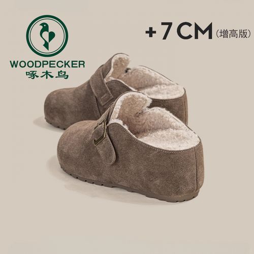啄木鸟厚底增高7cm冬季加绒勃肯鞋女2025新款保暖毛茸包头半拖鞋主图