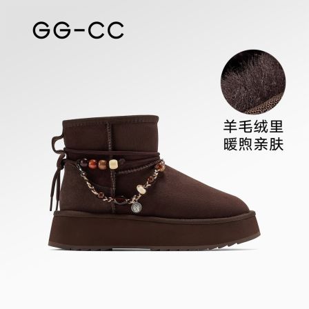 GG-CC【跟高5.5cm】冬季复古串珠毛毛雪地靴女棕色加绒短靴子7926