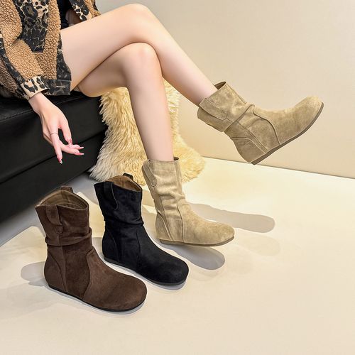 内增高勃肯短靴女秋冬新款皱褶复古慵懒风堆堆靴潮超火百搭马丁靴主图