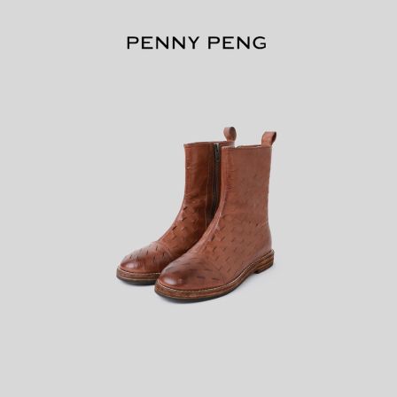 PENNYPENG 伯克公路 复古圆头舒适手割纹多层手缝时尚编织马皮靴