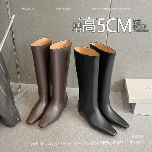 复古方头坡跟长筒靴女新款高级感直筒靴套筒不过膝高筒靴1212-1主图