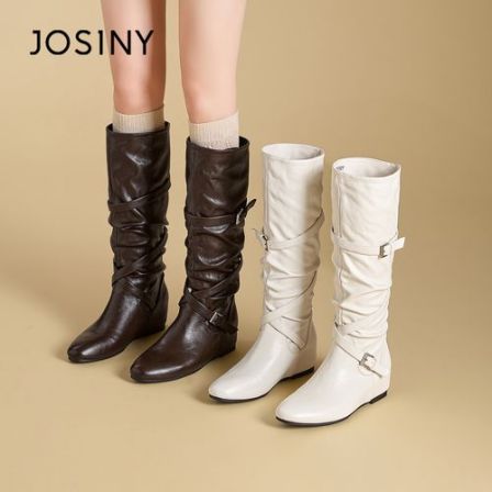 卓诗尼内增高长筒靴女皮带扣堆堆靴冬季尖头高筒骑士靴加绒不过膝