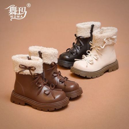 舞玛女童鞋子儿童短靴2025新款冬季加绒皮面保暖二棉马丁靴548615