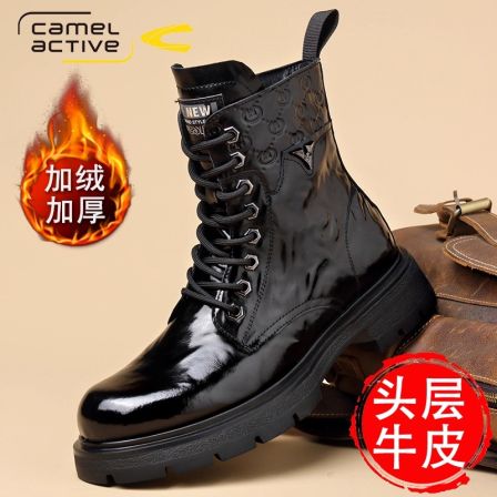 德国骆驼动感痞帅马丁靴男款黑色拉链高帮机车靴冬季防寒加绒皮靴