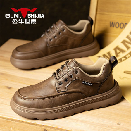 公牛世家男鞋2025新款冬季英伦商务休闲皮鞋男士工作厚底百搭板鞋