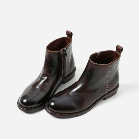 EX08009 茉莉雅集 复古英伦风情水洗马皮缝线设计圆头切尔西靴