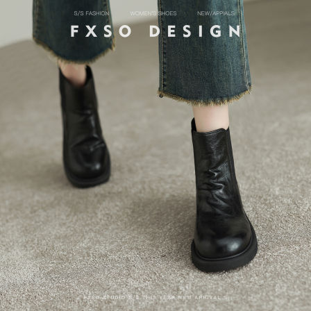 真皮FXSO方巷2025冬季法式复古切尔西靴女厚底增高显瘦短筒马丁靴