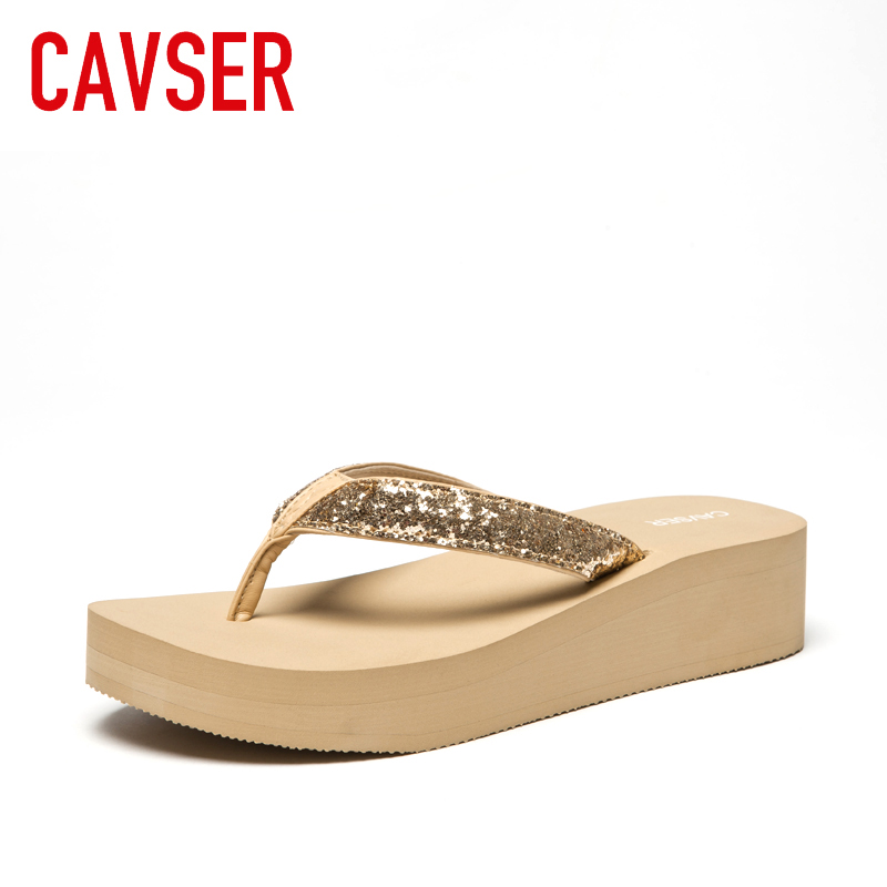 CAVSER2025夏季夹脚拖鞋坡跟人字拖女厚底亮片松糕凉拖鞋沙滩鞋潮主图