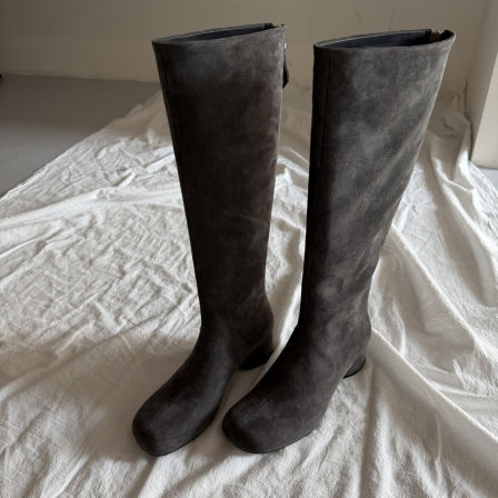 牛皮版~圆头复古简约长筒靴后拉链显瘦不过膝靴女粗跟高筒骑士靴