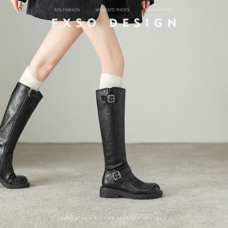真皮FXSO方巷2025冬季英伦风复古皮带扣骑士靴女复古增高高筒靴女