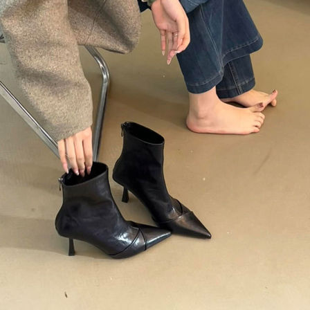 牛皮版~高跟靴女法式真皮简约尖头气质小短靴女后拉链休闲瘦瘦靴
