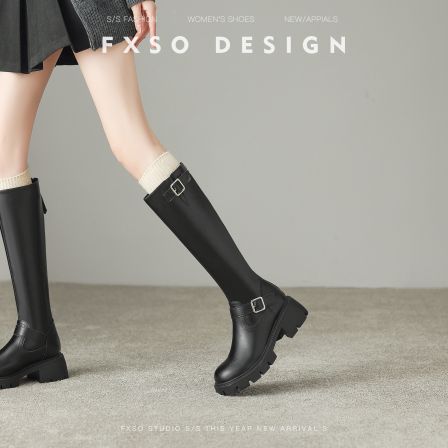 真皮方巷大叔2025冬季新款英伦风高筒骑士靴女西部增高不过膝长靴