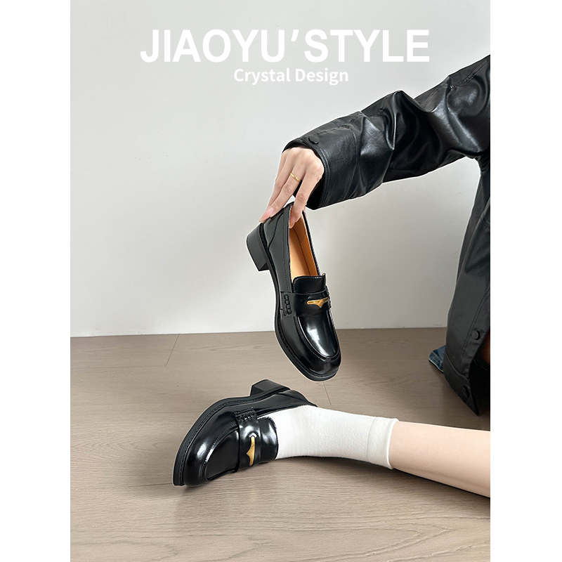 真皮~骄屿复古乐福鞋通勤一脚蹬粗跟玛丽珍单鞋英伦风擦色小皮鞋主图