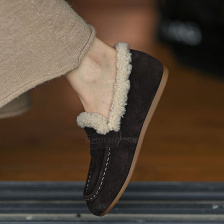 何其丑 磨砂牛皮保暖加绒单鞋女毛毛鞋 真皮勃肯鞋秋冬乐福鞋女鞋